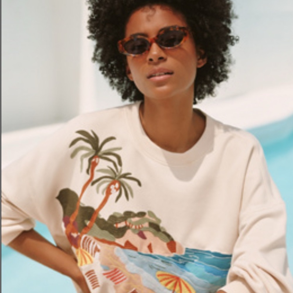 Anthro x Celandine Oversized Graphic Ivory Sweatshirt Sz L/XL NWT